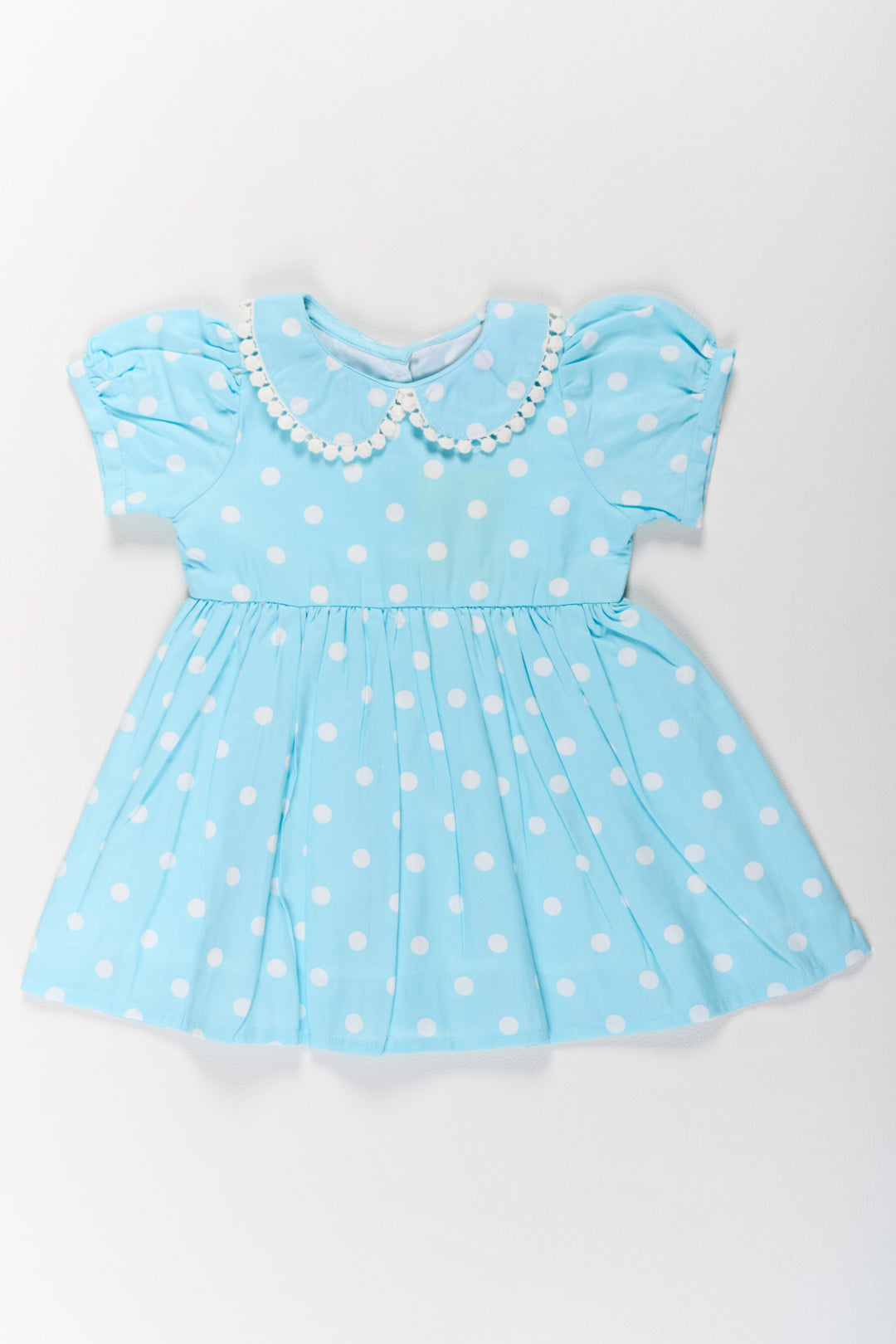 The Nesavu Girls Cotton Frock Traditional Attire for Girls in Blue Polka Dot Print with Peter Pan Collar Nesavu 10 (NB) / Blue GFC1584A-10 Nesavu Traditional Attire Girls Blue Polka Dot Design Lace Collar