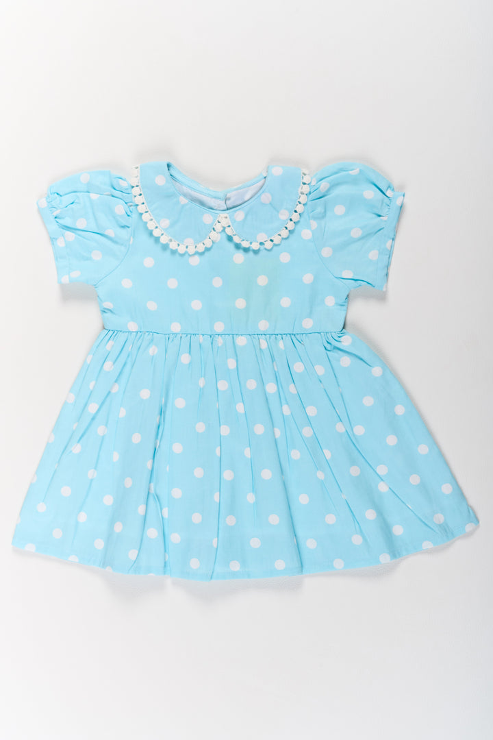 The Nesavu Girls Cotton Frock Traditional Attire for Girls in Blue Polka Dot Print with Peter Pan Collar Nesavu 10 (NB) / Blue GFC1584A-10 Nesavu Traditional Attire Girls Blue Polka Dot Design Lace Collar