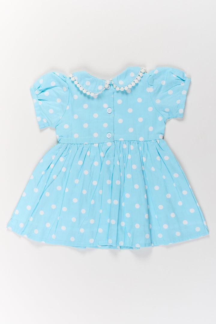 The Nesavu Girls Cotton Frock Traditional Attire for Girls in Blue Polka Dot Print with Peter Pan Collar Nesavu Nesavu Traditional Attire Girls Blue Polka Dot Design Lace Collar