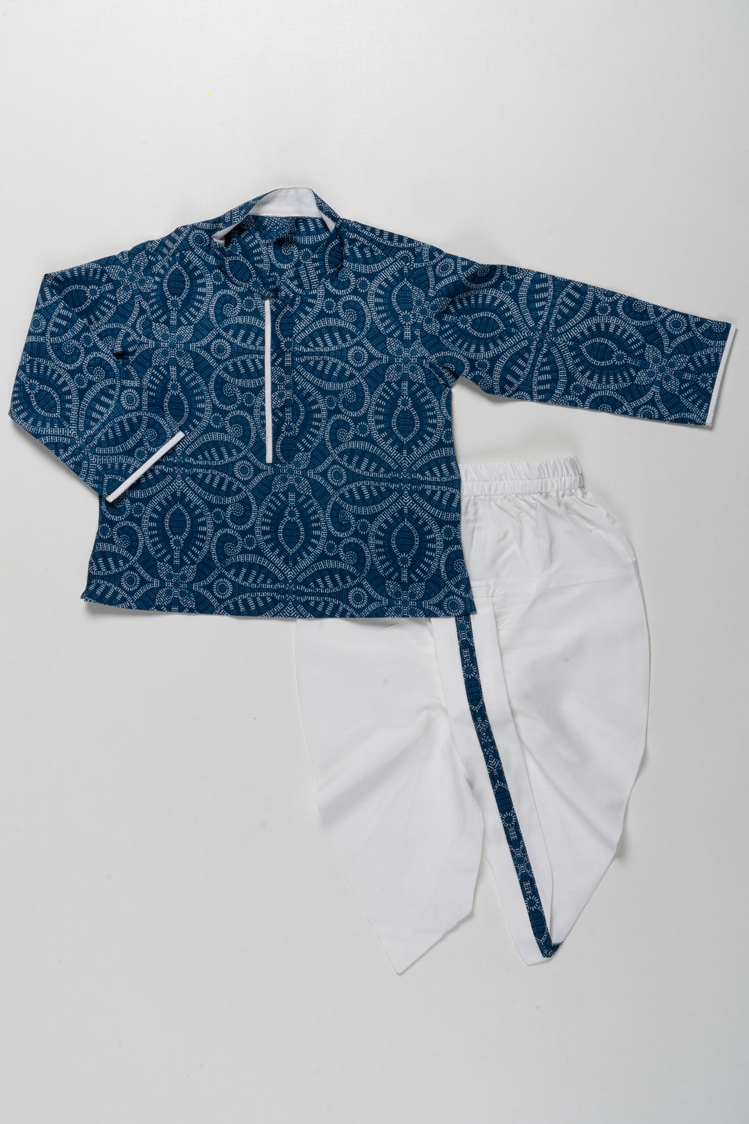 The Nesavu Boys Dothi Set Traditional Blue Patterned Kurta with White Dhoti Set for Boys Nesavu 12 (3M) / Blue / Cotton BES546A-12 Traditional Boys Blue Kurta with White Dhoti Set | Festive Cultural Wear | The Nesavu