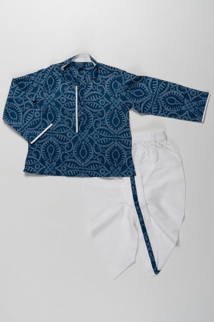 The Nesavu Boys Dothi Set Traditional Blue Patterned Kurta with White Dhoti Set for Boys Nesavu 12 (3M) / Blue / Cotton BES546A-12 Traditional Boys Blue Kurta with White Dhoti Set | Festive Cultural Wear | The Nesavu