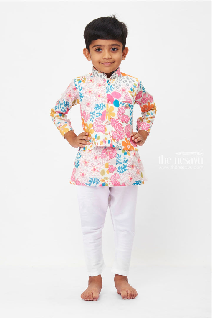 The Nesavu Boys Jacket Sets Traditional Boys Floral Overcoat & White Kurta Set with Pant and Panchagajam Nesavu 10 (NB) / Pink / Viscose Silk BES468A-10 Vibrant Floral Jacket and White Trousers Set for Toddlers | Playful Couture | The Nesavu