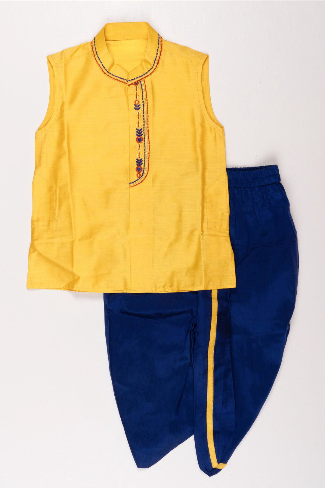 The Nesavu Boys Dothi Set Traditional Boys Yellow Kurta with Navy Blue Dhoti Set - Ethnic Panchagajam Ensemble Nesavu 12 (3M) / Yellow / Dupion BES473B-12 Boys' Ethnic Yellow Kurta & Navy Dhoti Set | Traditional Panchagajam Attire | The Nesavu