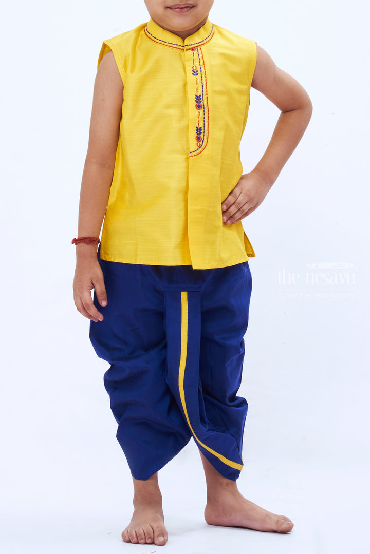 The Nesavu Boys Dothi Set Traditional Boys Yellow Kurta with Navy Blue Dhoti Set - Ethnic Panchagajam Ensemble Nesavu Boys' Ethnic Yellow Kurta & Navy Dhoti Set | Traditional Panchagajam Attire | The Nesavu