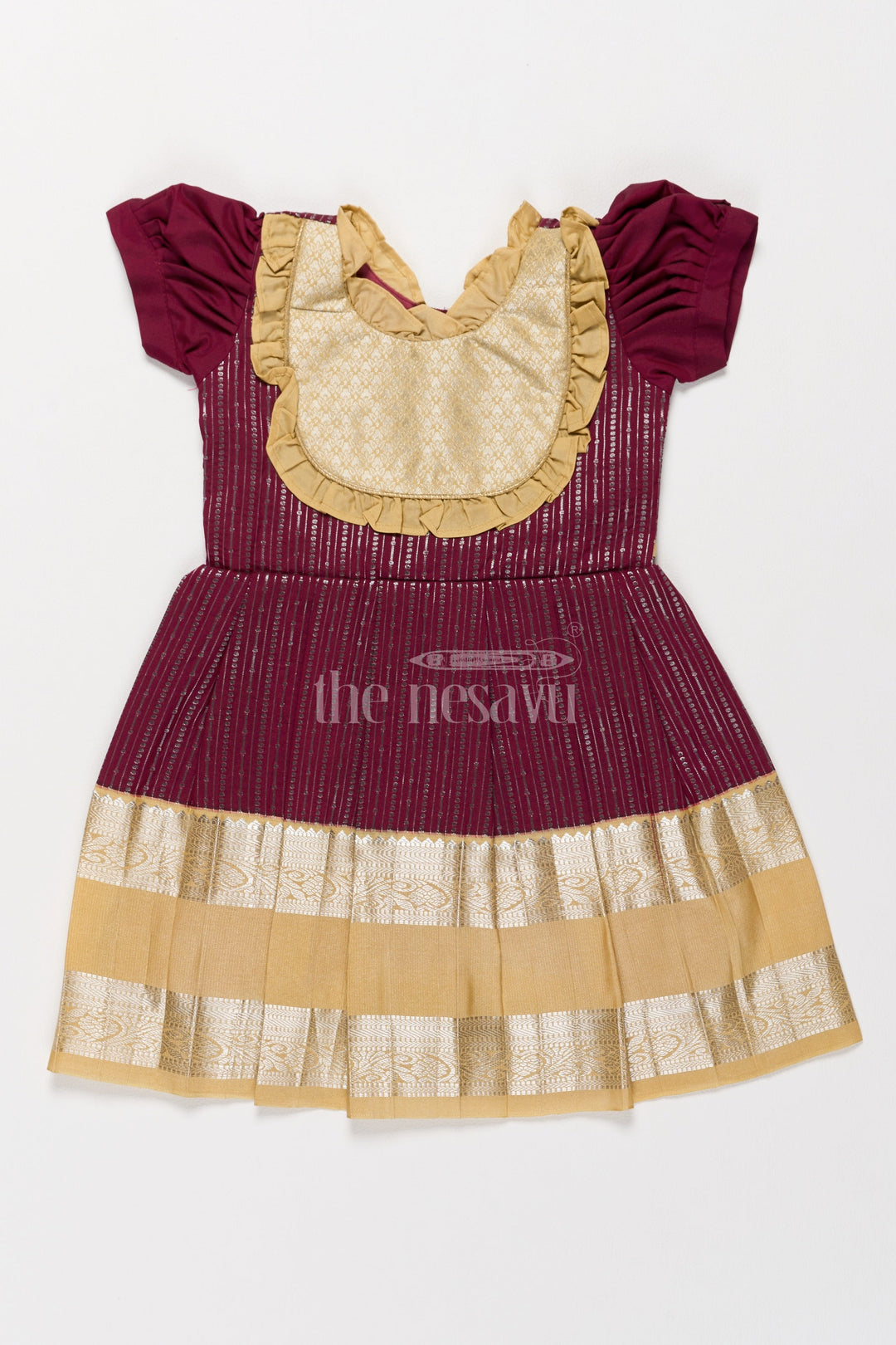 The Nesavu Girls Kanchi Silk Frock Traditional Girls Kanchi Silk Frock in Rich Maroon with Lustrous Golden Border Nesavu 18 (2Y) / Maroon / Style 3 SF821DC-18 Nesavu Maroon Girls Kanchi Silk Frock Golden Border from Pongal New Dress Collection