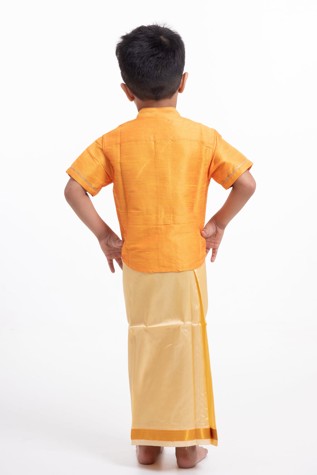 The Nesavu Boys Vesti Traditional Golden Silk Dhoti for Boys with Elegant Border Detailing Nesavu Elegant Golden Silk Dhoti for Boys | Traditional Wear Online | The Nesavu