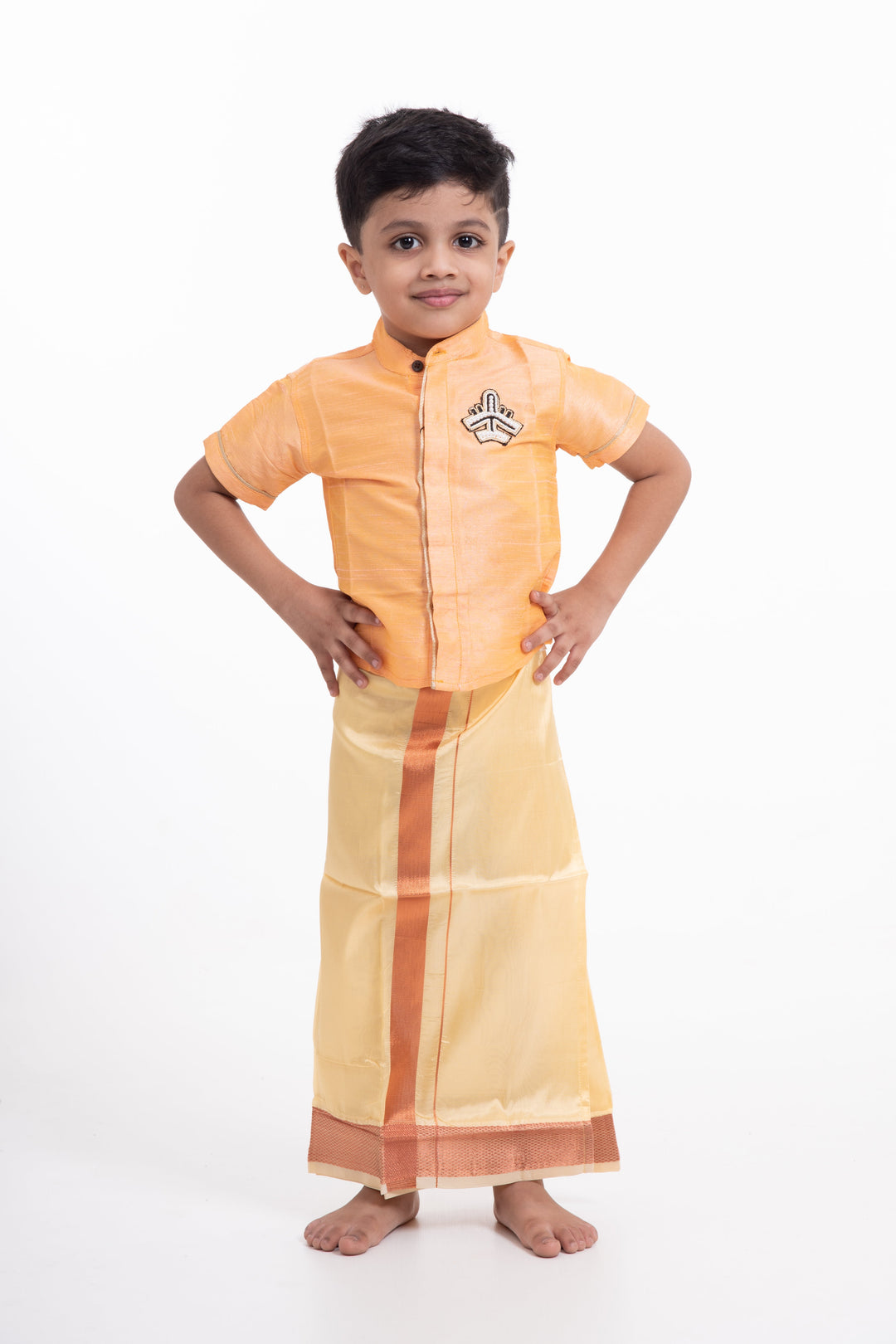 The Nesavu Boys Vesti Traditional Golden Yellow Boys Dhoti with Elegant Orange Detailing Nesavu 14 (6M) / Gold / Blend Silk D009E-14 Golden Yellow Silk Blend Dhoti for Boys | Traditional with a Modern Twist | The Nesavu