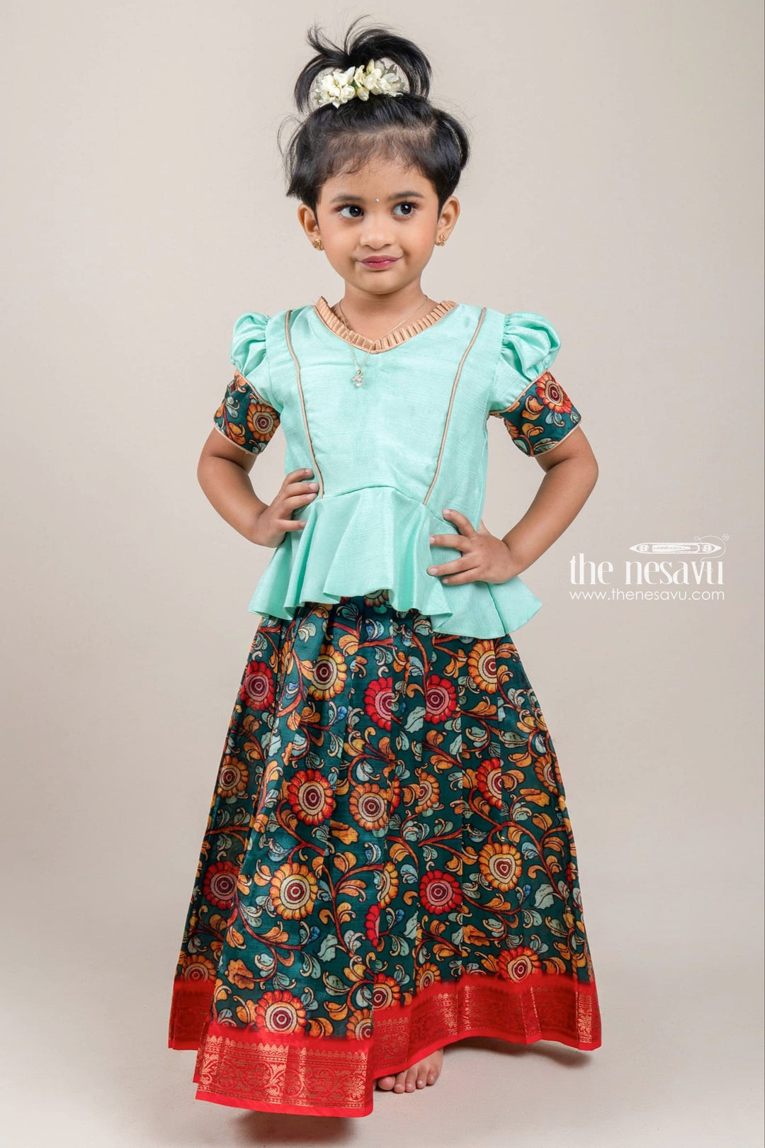 The Nesavu Pattu Pavadai Traditional Green Silk Pattu Pavadai with Floral Cuffs and Banarasi Border for Girls Nesavu 16 (1Y) / Green / Small Border GPP270B-16 Green Silk Pattu Pavadai with Floral Cuffs and Banarasi Border for Girls | The Nesavu