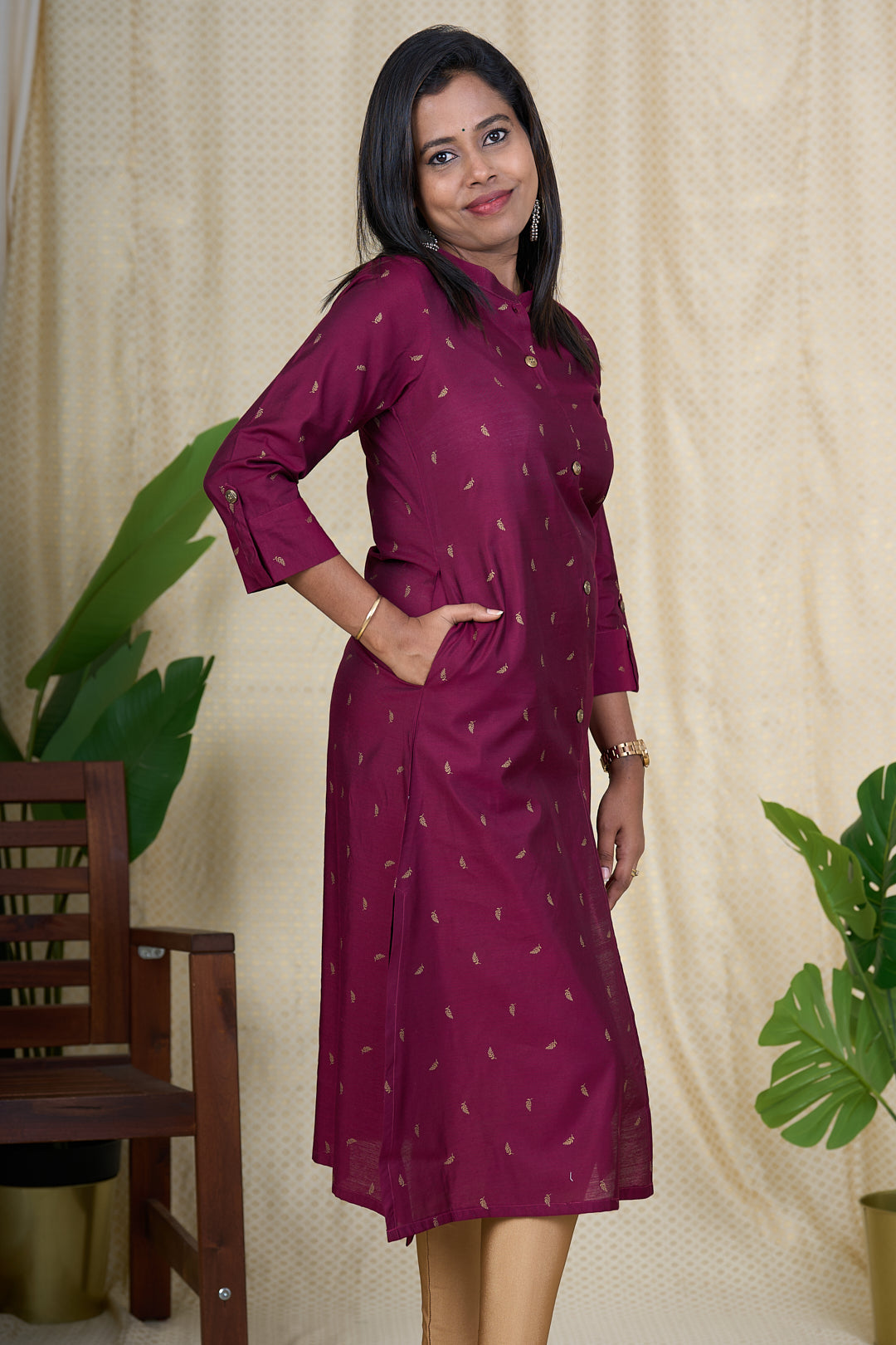 The Nesavu Womens A-Line Kurthas Traditional Kurta for Women - Maroon Viscose Silk Kurta with Chinese Collar Nesavu 34 (XS) / Magenta / Viscose Silk WT007D-34