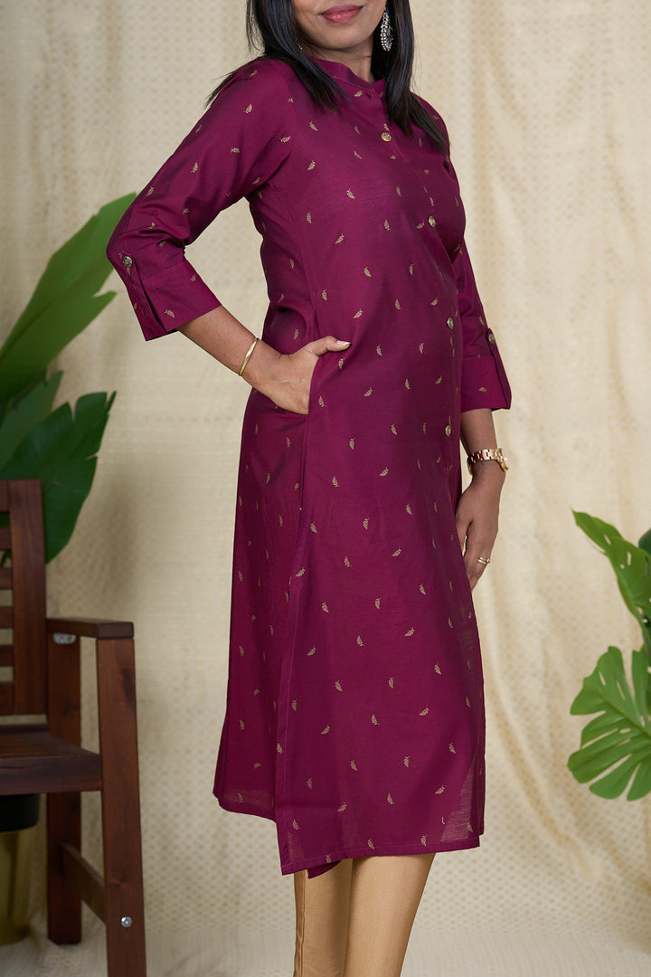 The Nesavu Womens A-Line Kurthas Traditional Kurta for Women - Maroon Viscose Silk Kurta with Chinese Collar Nesavu