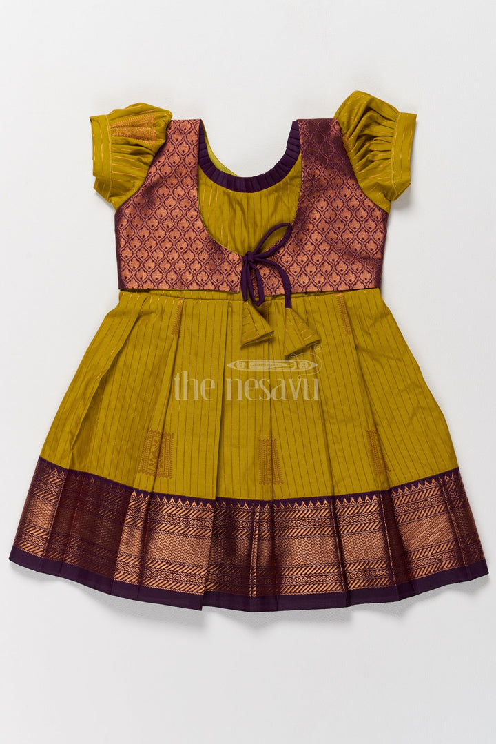 The Nesavu Girls Kanchi Silk Frock Traditional Long Pattu Frock for Girls with Contrasting Zari Details and Puff Sleeves Nesavu 14 (6M) / Yellow / Style 3 SF815CC-14 Nesavu Long Pattu Frock Girls Zari Pleats Adjustable Bow Closure