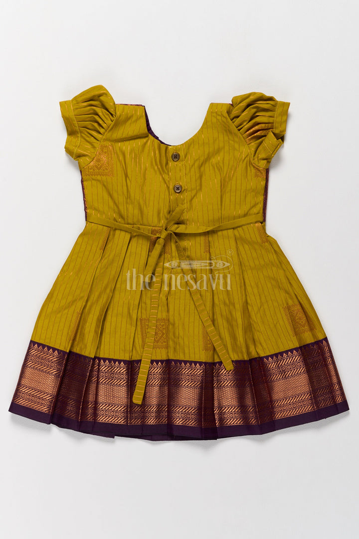 The Nesavu Girls Kanchi Silk Frock Traditional Long Pattu Frock for Girls with Contrasting Zari Details and Puff Sleeves Nesavu Nesavu Long Pattu Frock Girls Zari Pleats Adjustable Bow Closure