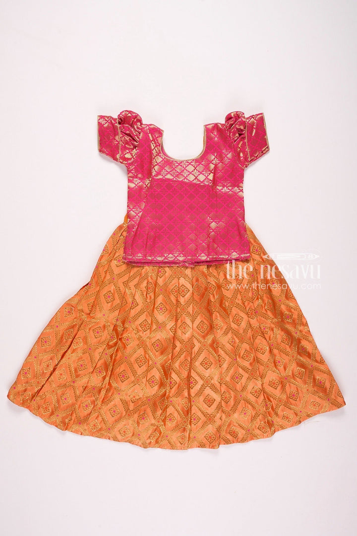 The Nesavu Pattu Pavadai Traditional Pink and Orange Silk Pattu Pavadai for Kids Nesavu 14 (6M) / Orange GPP312A-14 Pink and Orange Silk Pattu Pavadai for Kids - Traditional Festive Wear