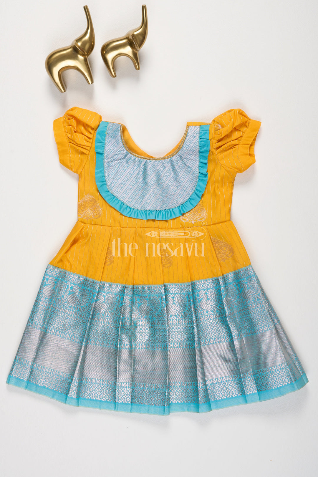 The Nesavu Girls Kanchi Silk Frock Traditional Semi Kanchivaram Silk Frock for Girls with Blue Border and Puff Sleeves Nesavu 14 (6M) / Yellow / Style 1 SF818AA-14 Nesavu Girls Semi Kanchivaram Silk Frock Blue Border Puff Sleeves Special Occasions