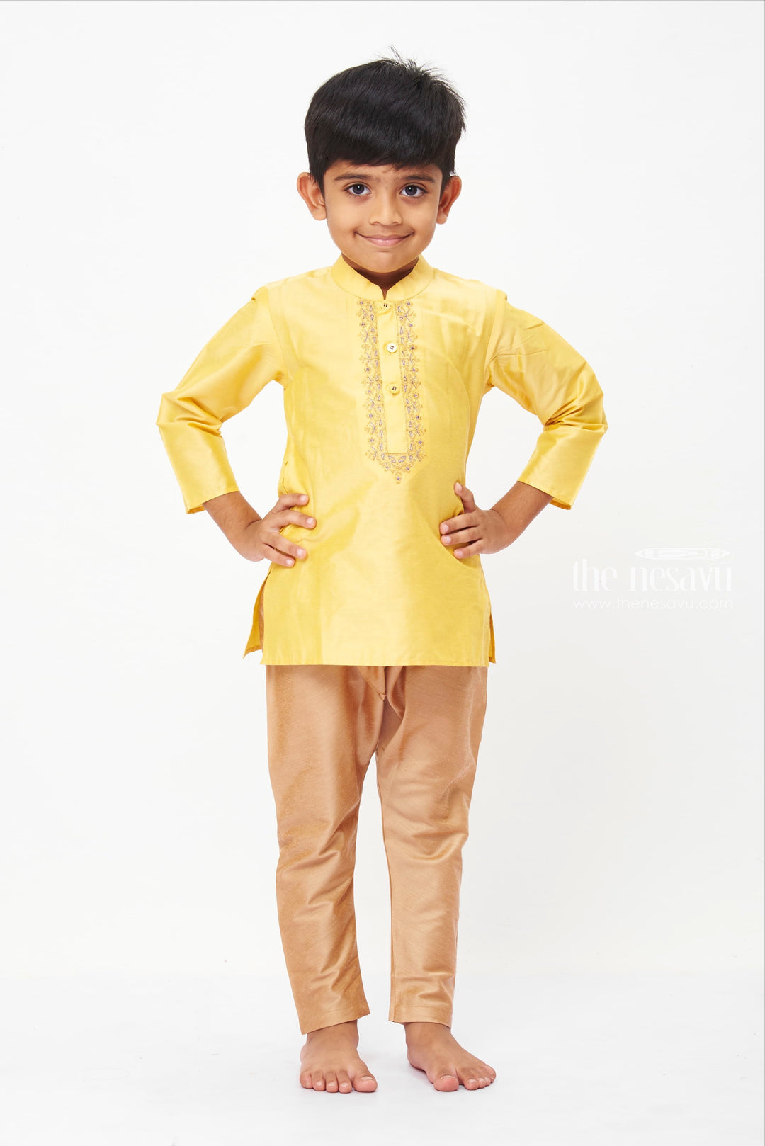 The Nesavu Boys Kurtha Set Traditional Sunshine Yellow Embroidered Kurta with Royal Blue Cotton Pant Nesavu 14 (6M) / Yellow / Silk Blend BES426C-14 Festive Boys Kurta Sets | Traditional Elegance for Little Gentlemen | The Nesavu