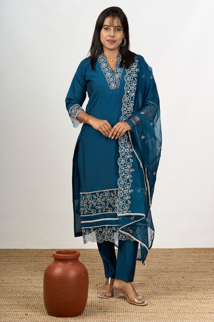 The Nesavu Womens Straight Suit Sets Traditional Teal Georgette Suit Set for Lohri with Fine Thread Embroidery Nesavu 38 (M) / Blue WTH069A-38 Nesavu Traditional Teal Georgette Suit Set Thread Embroidery Lohri