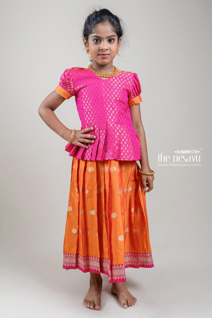 The Nesavu Pattu Pavadai Traditional Zari Brocade Printed Pink Silk Peplum Blouse with Knife Pleated Yellow Silk Skirt for Girls GPP265B Nesavu 16 (1Y) / Yellow / Small Border GPP265B-16 Zari Brocade Printed Pink Silk Peplum Blouse with Knife Pleated Yellow Silk Skirt for Girls | Shop at The Nesavu