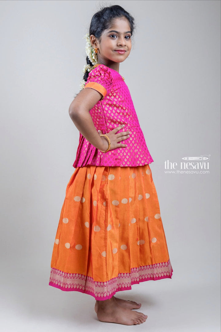 The Nesavu Pattu Pavadai Traditional Zari Brocade Printed Pink Silk Peplum Blouse with Knife Pleated Yellow Silk Skirt for Girls GPP265B Nesavu Zari Brocade Printed Pink Silk Peplum Blouse with Knife Pleated Yellow Silk Skirt for Girls | Shop at The Nesavu