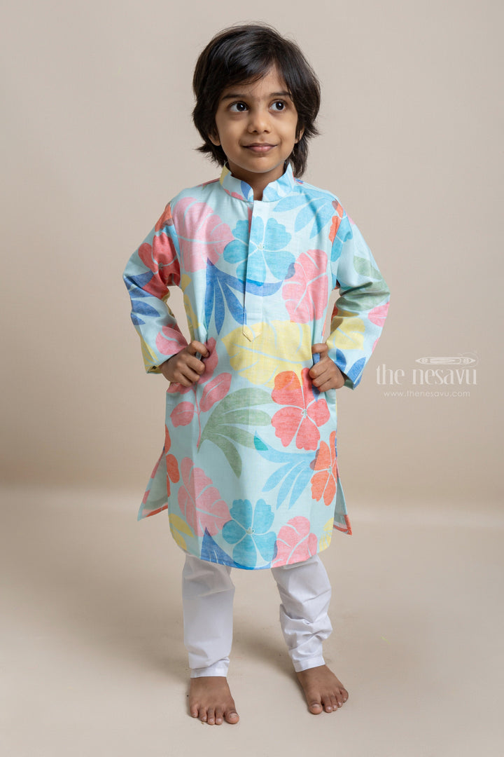 The Nesavu Boys Kurtha Set Trendy Floral Printed Sea Blue Cotton Kurta With White Pant For Boys Nesavu 14 (6M) / Blue / Linen BES285A-14 Discover the Best Collection at The Nesavu | Premium Kurta Set