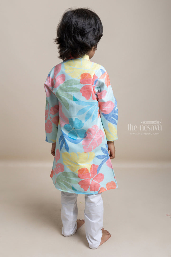 The Nesavu Boys Kurtha Set Trendy Floral Printed Sea Blue Cotton Kurta With White Pant For Boys Nesavu Discover the Best Collection at The Nesavu | Premium Kurta Set