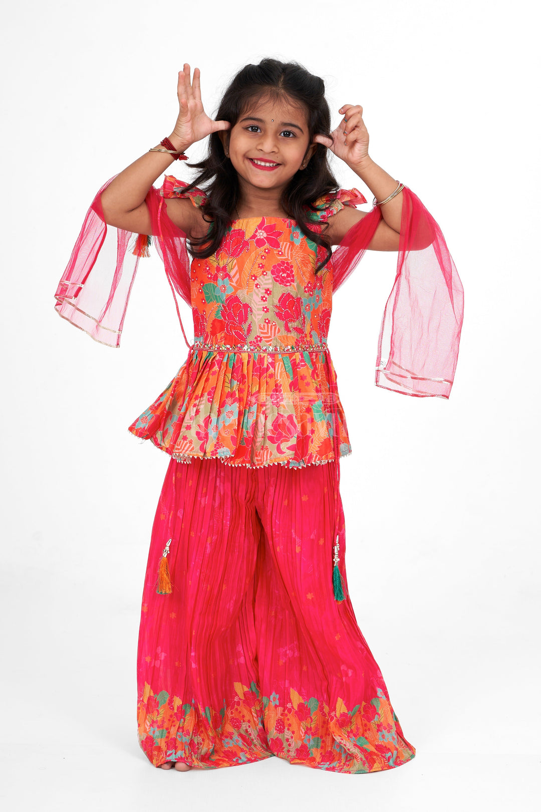 The Nesavu Girls Sharara / Plazo Set Trendy Girls Plazo Gharara Sharara Set in Chinon Silk with Floral Print and Ruffled Sleeves Nesavu 16 (1Y) / Red GPS473A-16 Nesavu Girls Plazo Gharara Sharara Set Chinon Silk Floral Print Ruffled Sleeves