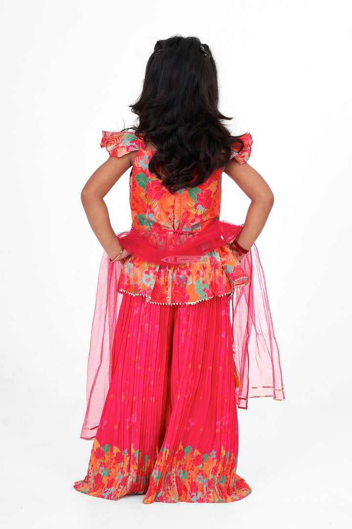 The Nesavu Girls Sharara / Plazo Set Trendy Girls Plazo Gharara Sharara Set in Chinon Silk with Floral Print and Ruffled Sleeves Nesavu Nesavu Girls Plazo Gharara Sharara Set Chinon Silk Floral Print Ruffled Sleeves