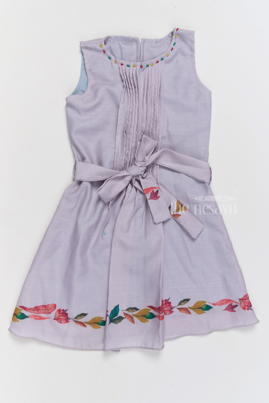 The Nesavu Girls Cotton Frock Trendy Indo Western Girls Cotton Frock with Floral Patterns and Waist Tie-Up Nesavu Indo Western Girls Cotton Frock Floral Pleats Belt Nesavu