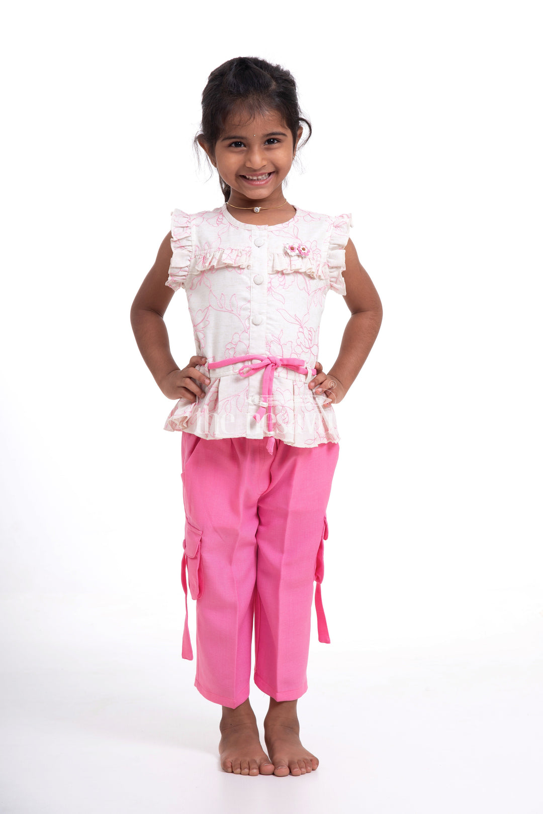 The Nesavu Girls Sharara / Plazo Set Trendy Linen Cotton Co-ord Set with Pink Capri Pants for Girls Nesavu 18 (2Y) / Pink GPS323B-18 Trendy Linen Cotton Co-ord Set for Girls with Pink Capri Pants