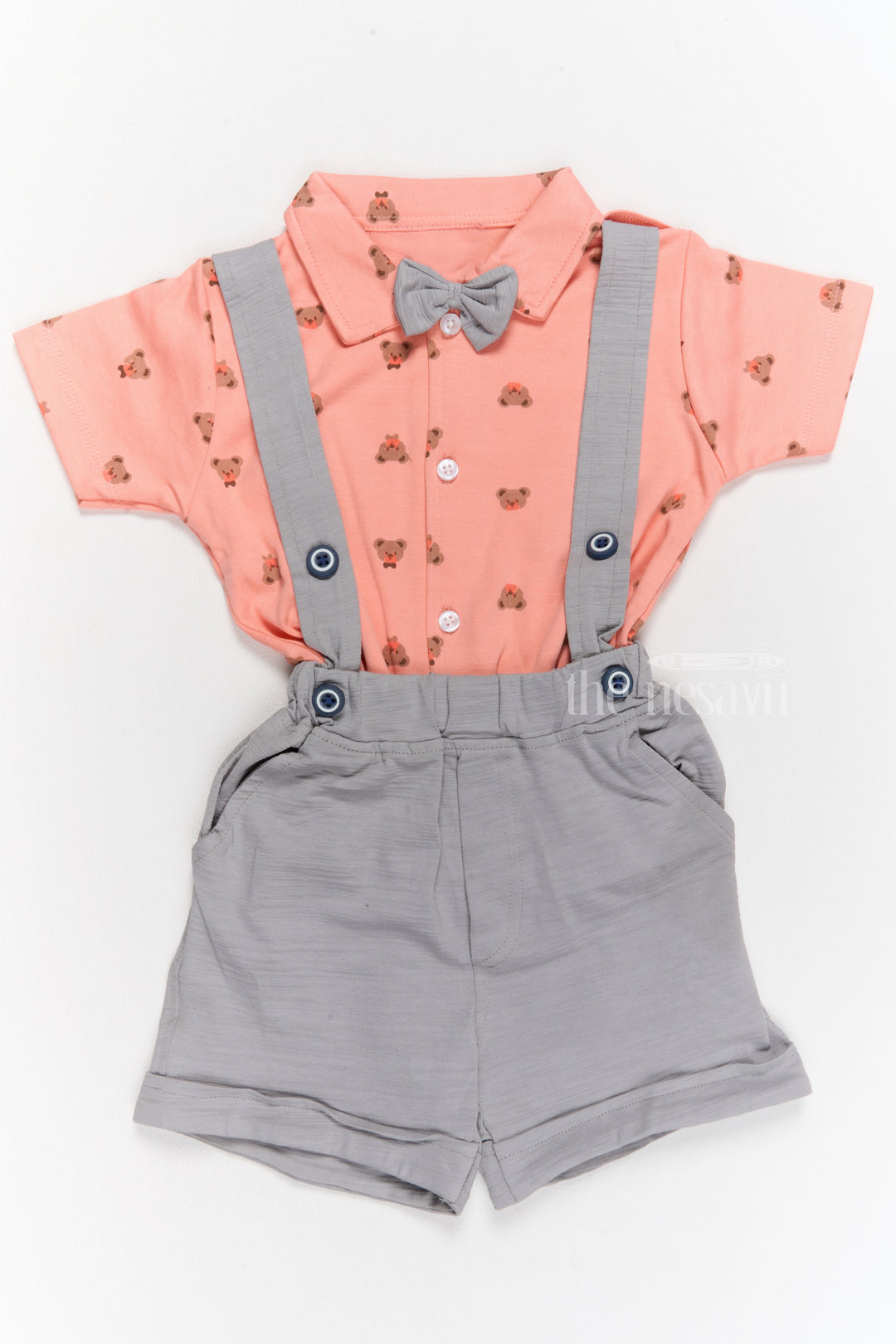 The Nesavu Baby Casual Sets Trendy Newborn Clothes Peach Bow Tie Shirt with Grey Suspender Shorts Set Nesavu 14 (6M) / Peach BCS195A-14 Nesavu Trendy Newborn Clothes Peach Bow Tie Shirt Grey Suspender Shorts