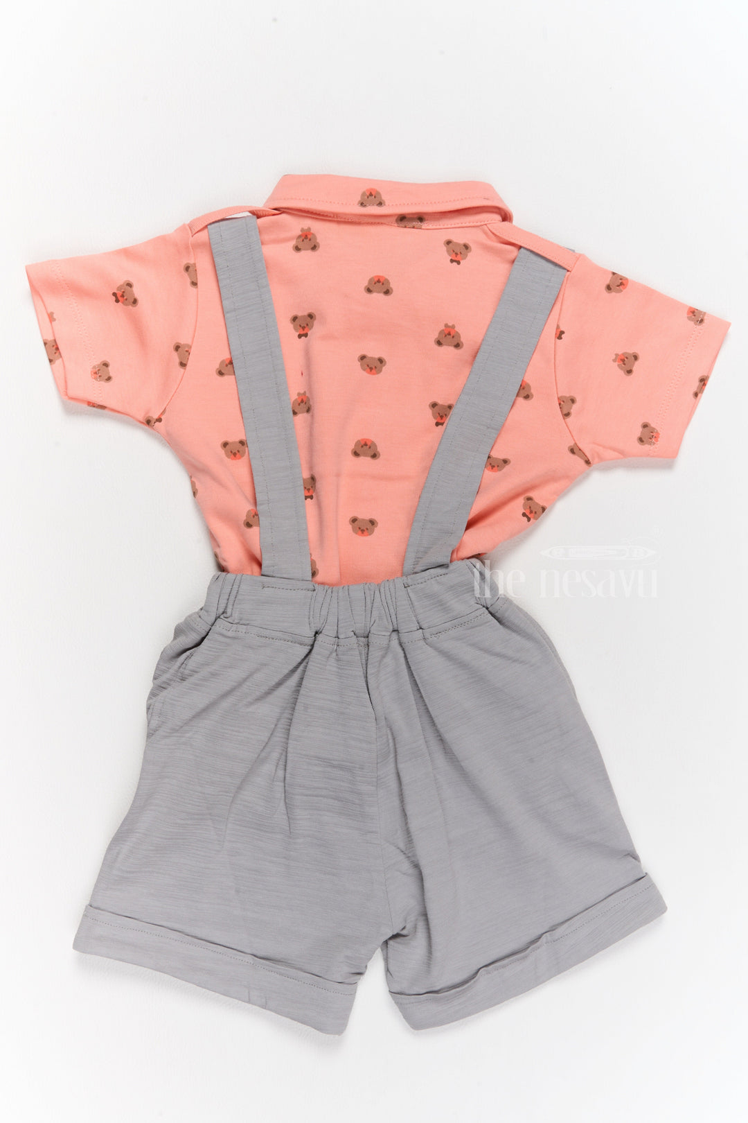 The Nesavu Baby Casual Sets Trendy Newborn Clothes Peach Bow Tie Shirt with Grey Suspender Shorts Set Nesavu Nesavu Trendy Newborn Clothes Peach Bow Tie Shirt Grey Suspender Shorts