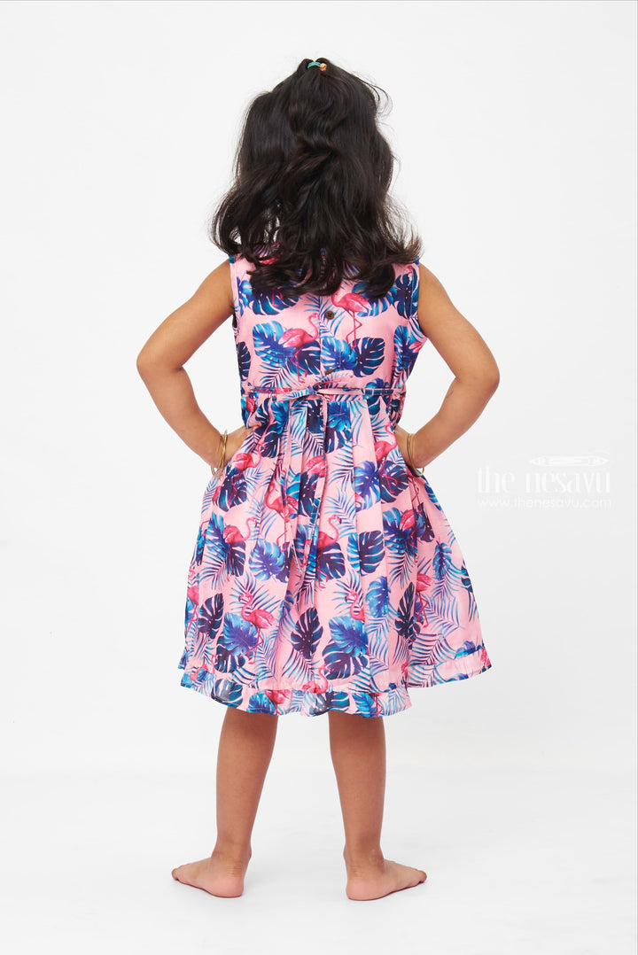 The Nesavu Girls Cotton Frock Tropical Flamingo Fiesta Dress: Playful Pink Frock with Lush Leaf Print for Girls Nesavu Girls Pink Flamingo Tropical Dress | Sleeveless Lace Trim Frock | Summer Party Wear | The Nesavu