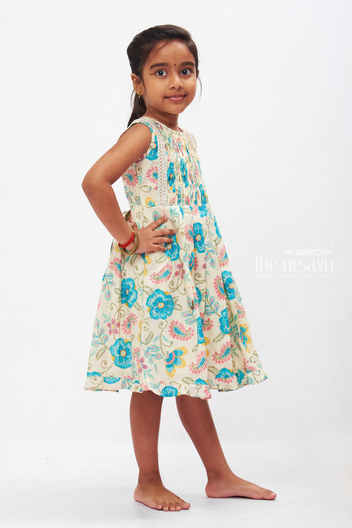 The Nesavu Girls Cotton Frock Tropical Teal Cotton Frock with Lace Accent for Girls Nesavu Girls Lightweight Summer Cotton Dresses | Teal Floral Print Frock | The Nesavu