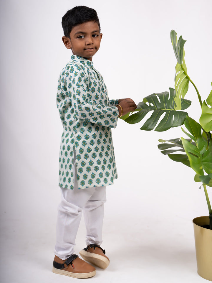 The Nesavu Ethnic Sets Turquoise Block Print Inspired Soft Cotton Boys Ethnic Kurta Set psr silks Nesavu