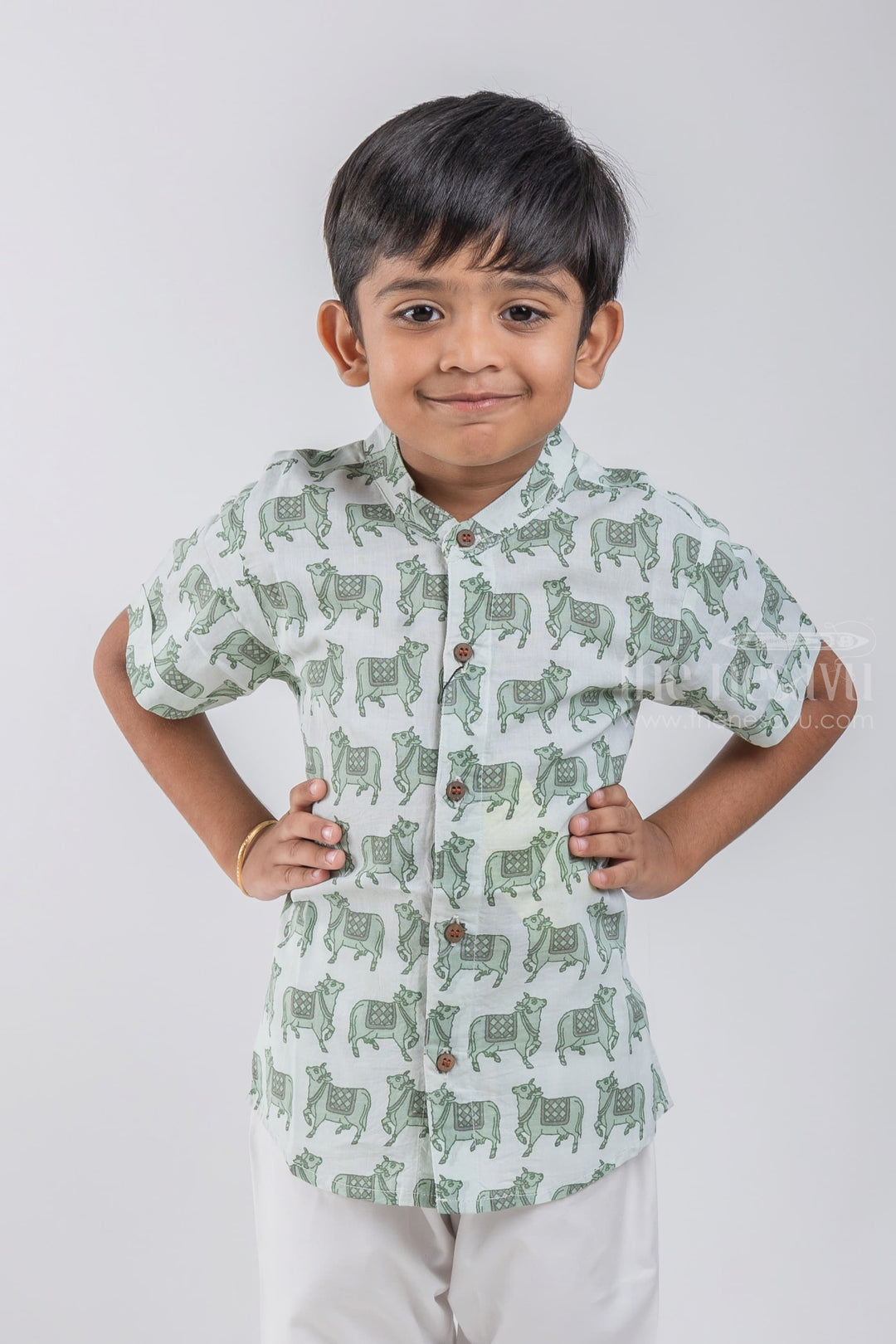 The Nesavu Boys Cotton Shirt Unique and Artistic Boys' Pichwai Cow Print Shirt | Pure Cotton | Nesavu | Embrace Indian Traditions psr silks Nesavu 14 (6M) / Green / Cotton BS039B