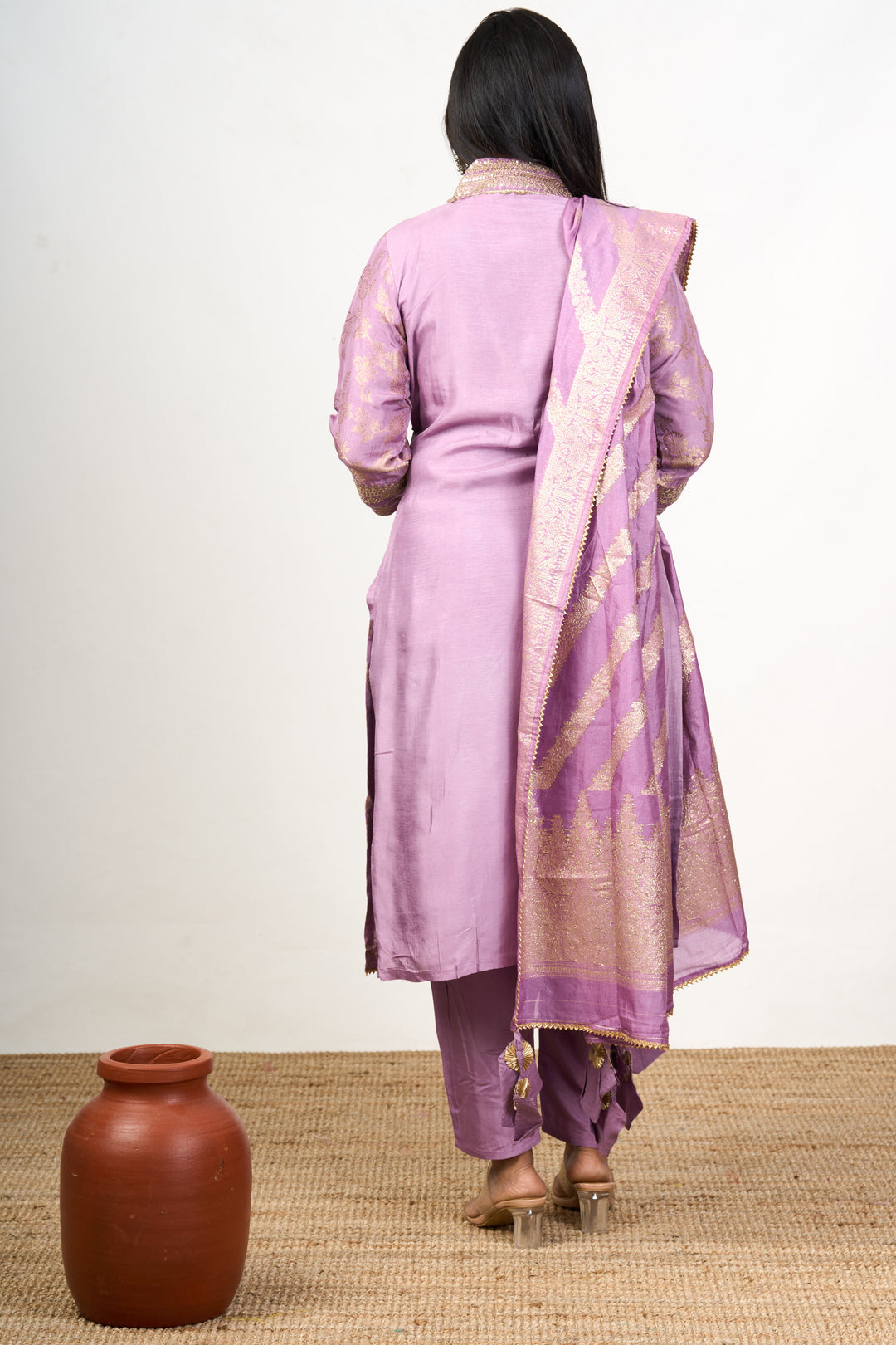 The Nesavu Womens Straight Suit Sets Unique Kurta Sets in Lavender Art Silk with Gold Motifs and Embroidered Dupatta for Women Nesavu Nesavu Lavender Art Silk Unique Kurta Sets Women Gold Motifs Embroidered Dupatta