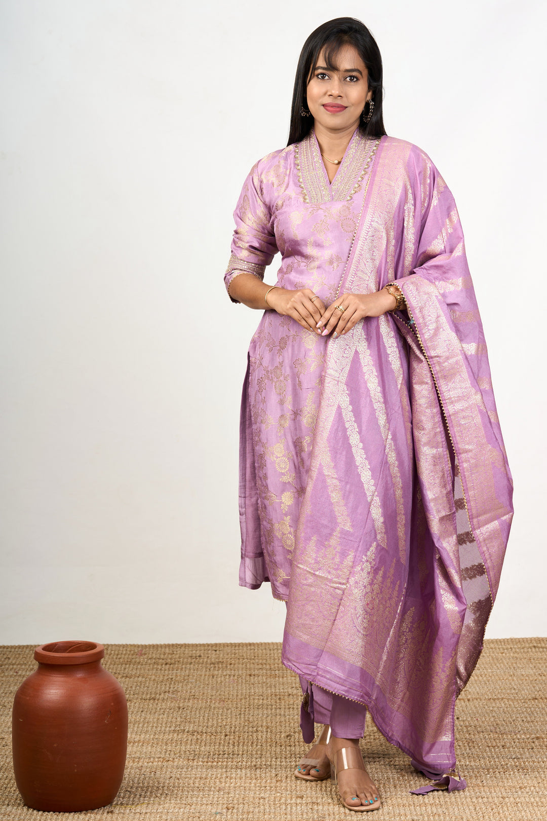 The Nesavu Womens Straight Suit Sets Unique Kurta Sets in Lavender Art Silk with Gold Motifs and Embroidered Dupatta for Women Nesavu Nesavu Lavender Art Silk Unique Kurta Sets Women Gold Motifs Embroidered Dupatta