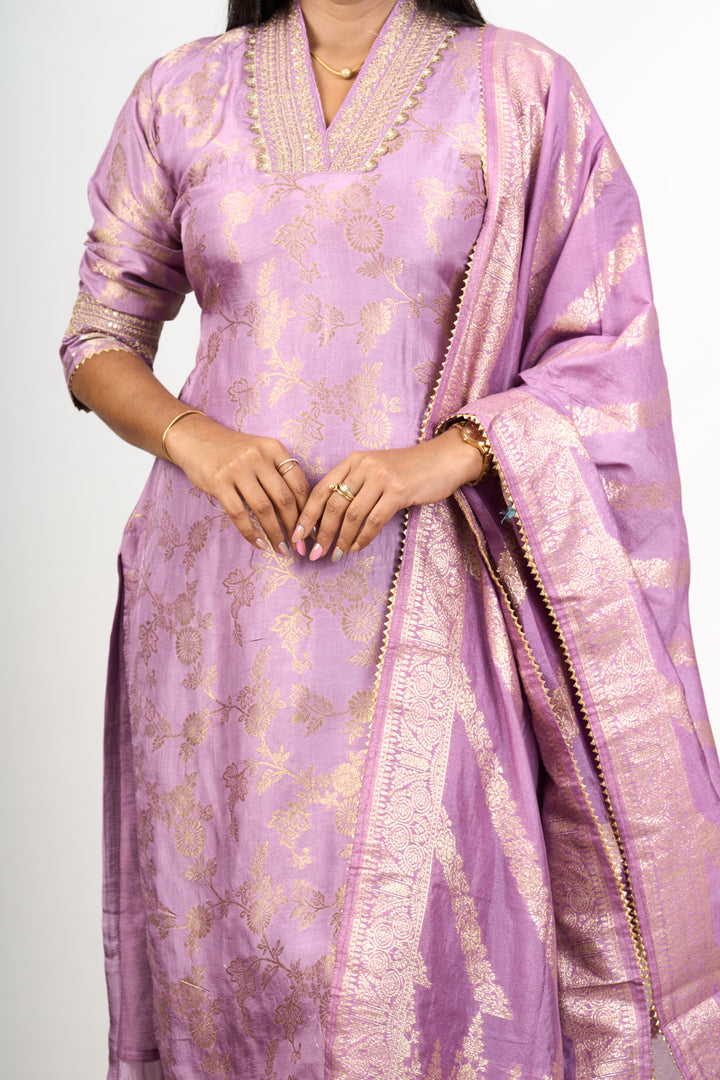 The Nesavu Womens Straight Suit Sets Unique Kurta Sets in Lavender Art Silk with Gold Motifs and Embroidered Dupatta for Women Nesavu Nesavu Lavender Art Silk Unique Kurta Sets Women Gold Motifs Embroidered Dupatta