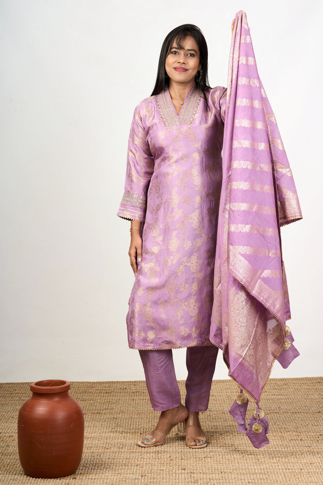 The Nesavu Womens Straight Suit Sets Unique Kurta Sets in Lavender Art Silk with Gold Motifs and Embroidered Dupatta for Women Nesavu Nesavu Lavender Art Silk Unique Kurta Sets Women Gold Motifs Embroidered Dupatta