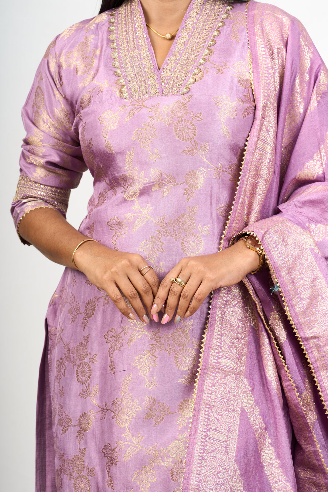 The Nesavu Womens Straight Suit Sets Unique Kurta Sets in Lavender Art Silk with Gold Motifs and Embroidered Dupatta for Women Nesavu Nesavu Lavender Art Silk Unique Kurta Sets Women Gold Motifs Embroidered Dupatta