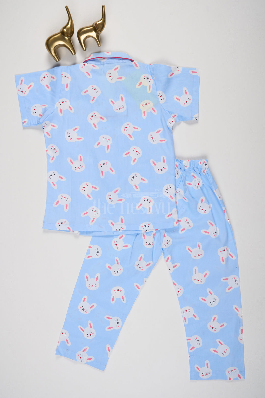 The Nesavu Night Dress Unisex Cotton Nightsuit Set with Bunny Print in Blue for Toddlers Nesavu Unisex Cotton Nightsuit Set with Bunny Print in Blue for Toddlers Nesavu