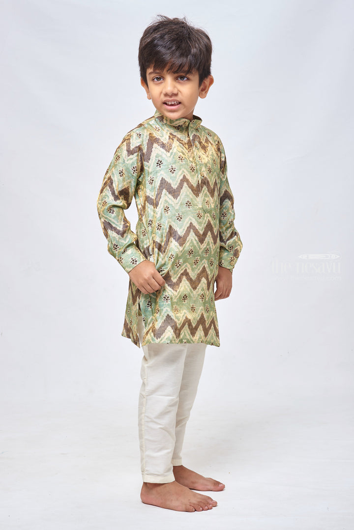 The Nesavu Boys Kurtha Set Verdant Splendor: Green Poochampalli Ikat Mandarin Collar Kurta & Pant Nesavu Boys Kurta With Matching Pant | Traditional Kurta Set | the Nesavu