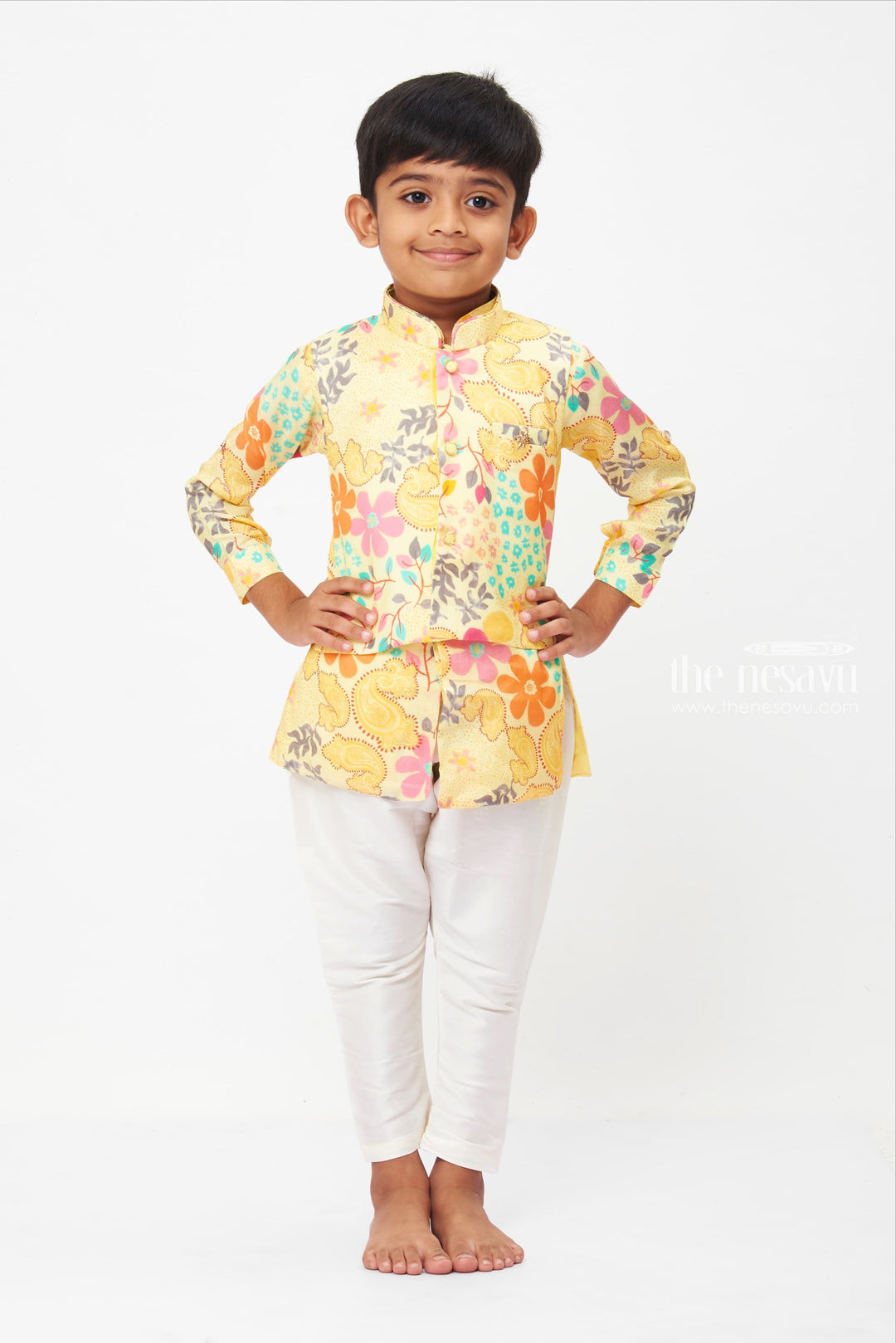 The Nesavu Boys Jacket Sets Versatile Boys Floral Print Kurta Set with Pant & Dhoti - Joyful Summer Attire Nesavu 10 (NB) / Yellow / Viscose Silk BES468B-10 Sunshine Yellow Ethnic Set with Printed Jacket for Kids | Vibrant Celebrations | The Nesavu