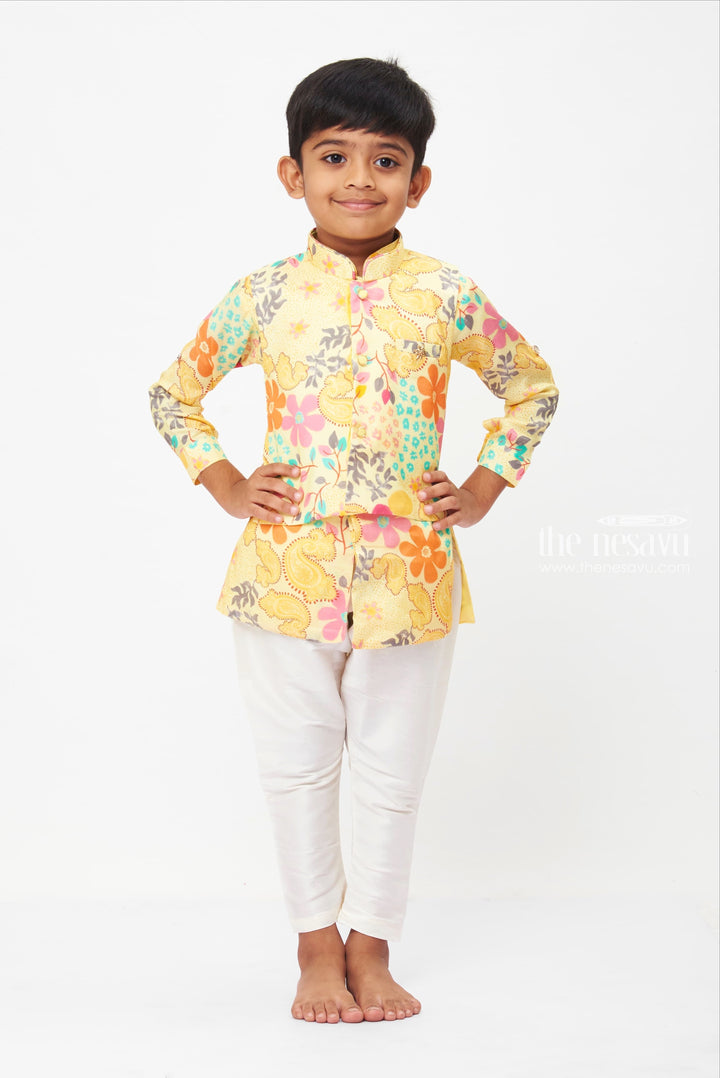 The Nesavu Boys Jacket Sets Versatile Boys Floral Print Kurta Set with Pant & Dhoti - Joyful Summer Attire Nesavu 10 (NB) / Yellow / Viscose Silk BES468B-10 Sunshine Yellow Ethnic Set with Printed Jacket for Kids | Vibrant Celebrations | The Nesavu