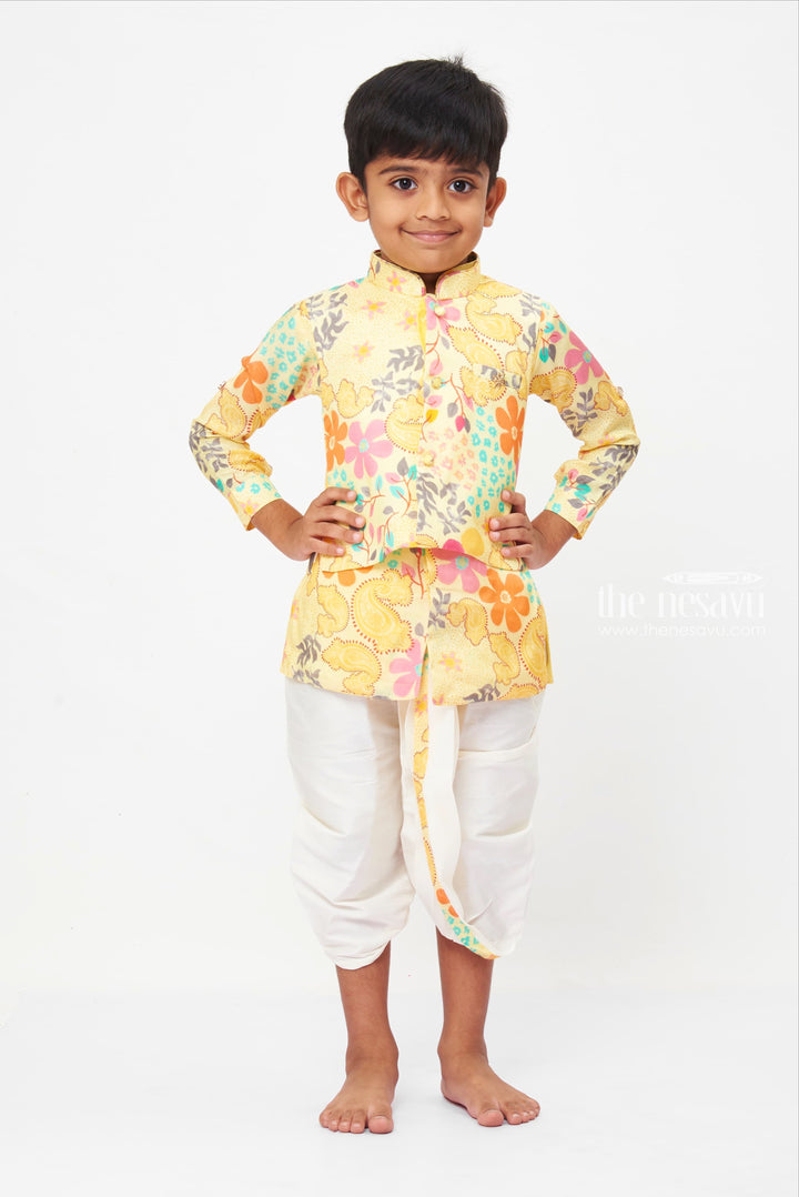 The Nesavu Boys Jacket Sets Versatile Boys Floral Print Kurta Set with Pant & Dhoti - Joyful Summer Attire Nesavu Sunshine Yellow Ethnic Set with Printed Jacket for Kids | Vibrant Celebrations | The Nesavu