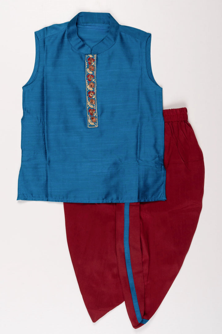 The Nesavu Boys Dothi Set Vibrant Blue Kurta and Maroon Dhoti Set for Boys - Traditional Panchagajam Collection Nesavu 12 (3M) / Blue / Silk Blend BES476C-12 Boys' Vibrant Blue & Maroon Dhoti Set | Classic Panchagajam Outfit | The Nesavu