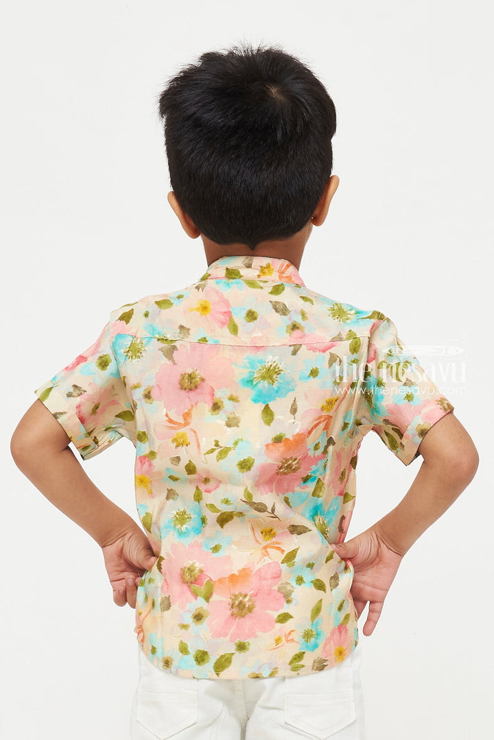 The Nesavu Boys Cotton Shirt Vibrant Boys Chanderi Shirt with Colorful Floral Design - Perfect for Summer Celebrations Nesavu Vibrant Boys Chanderi Shirt with Colorful Floral Design | Perfect for Summer Celebrations | The Nesavu