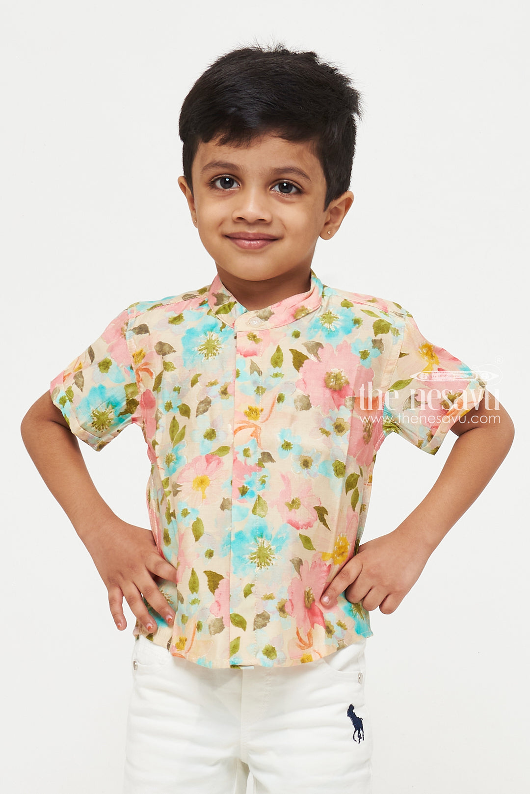 The Nesavu Boys Cotton Shirt Vibrant Boys Chanderi Shirt with Colorful Floral Design - Perfect for Summer Celebrations Nesavu Vibrant Boys Chanderi Shirt with Colorful Floral Design | Perfect for Summer Celebrations | The Nesavu