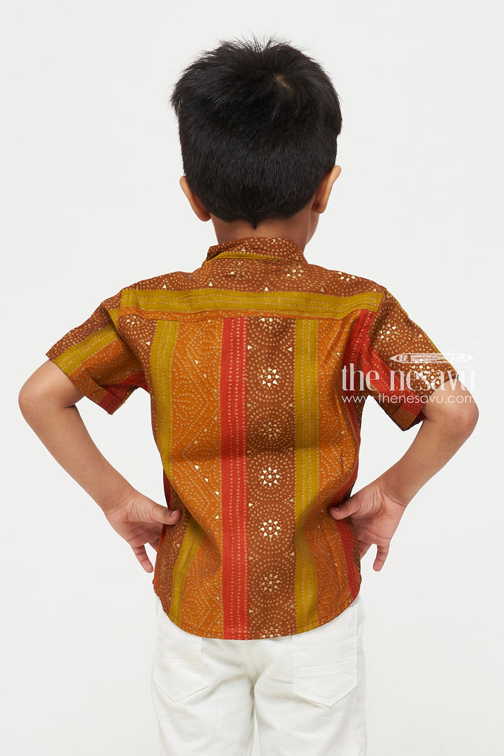 The Nesavu Boys Cotton Shirt Vibrant Boys Chanderi Shirt with Multicolor Stripes Nesavu Vibrant Multicolor Boys Chanderi Shirt with Stripes and Golden Detailing | The Nesavu