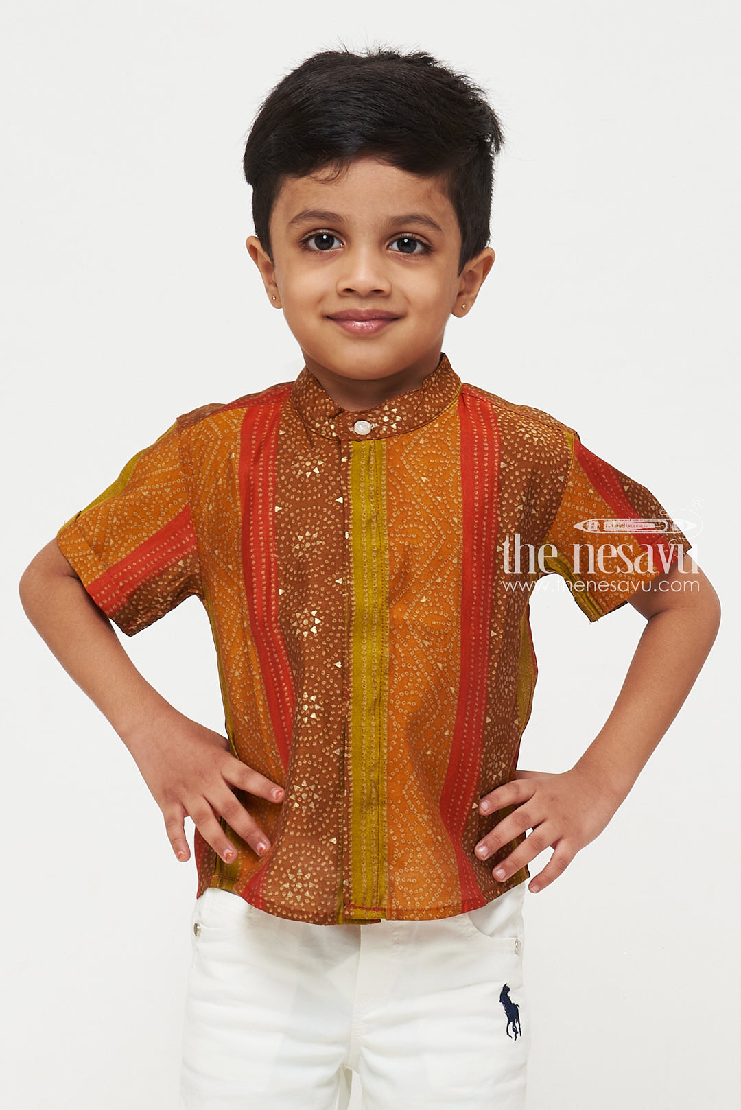 The Nesavu Boys Cotton Shirt Vibrant Boys Chanderi Shirt with Multicolor Stripes Nesavu Vibrant Multicolor Boys Chanderi Shirt with Stripes and Golden Detailing | The Nesavu