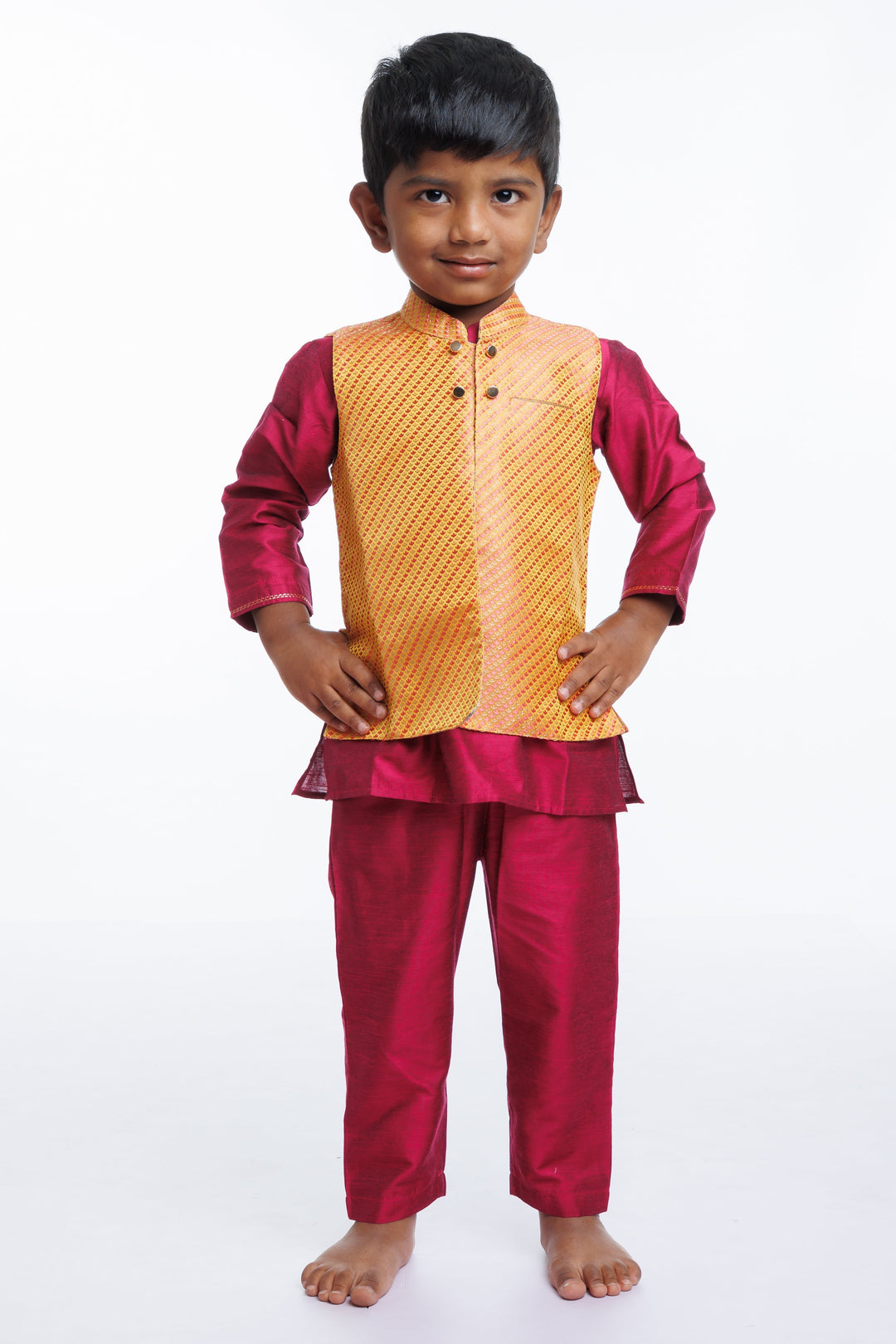 The Nesavu Boys Jacket Sets Vibrant Boys Kurta Pajama Set with Contrasting Jacket Nesavu 14 (6M) / Purple / Blend Silk BES519B-14 Boys Modern Kurta Pajama with Jacket Set | Stylish Ethnic Ensemble | The Nesavu